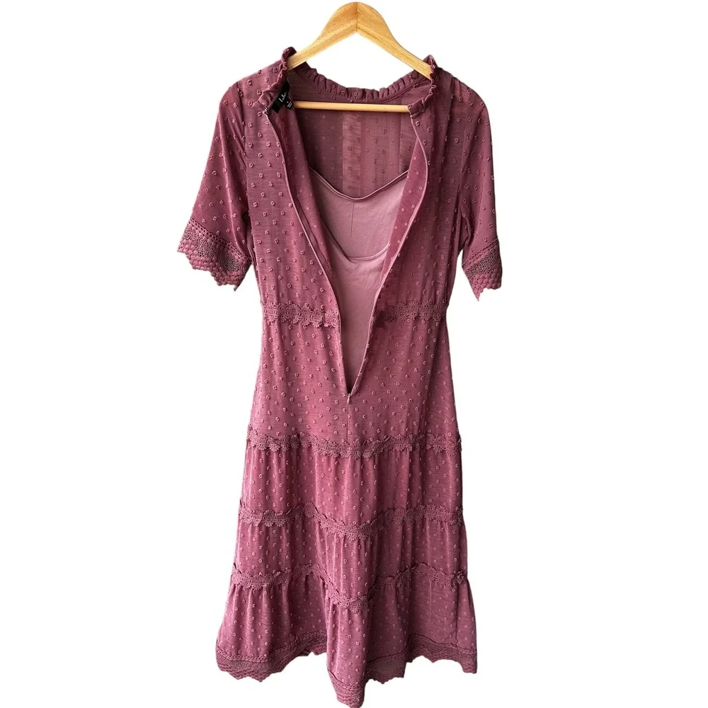 Lulus Dress Mauve Swiss Dot Crochet Lace Tiered Midi Short Sleeve Size Small